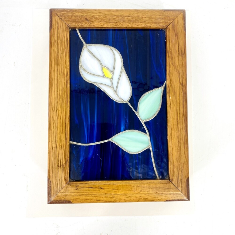 Vintage Solid Wood Stained Glass Cala Lilly Blue Floral Art Deco Mid Century Mod